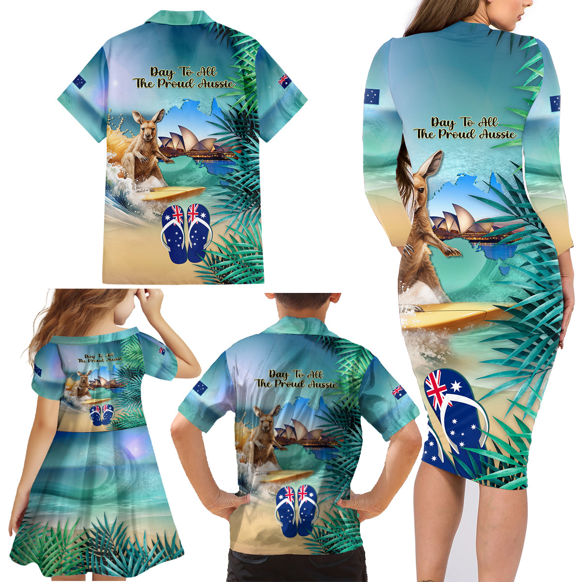 Australia Day 2024 Family Matching Long Sleeve Bodycon Dress and Hawaiian Shirt Kangaroo Go Surfing Aussie Map Tropical Style