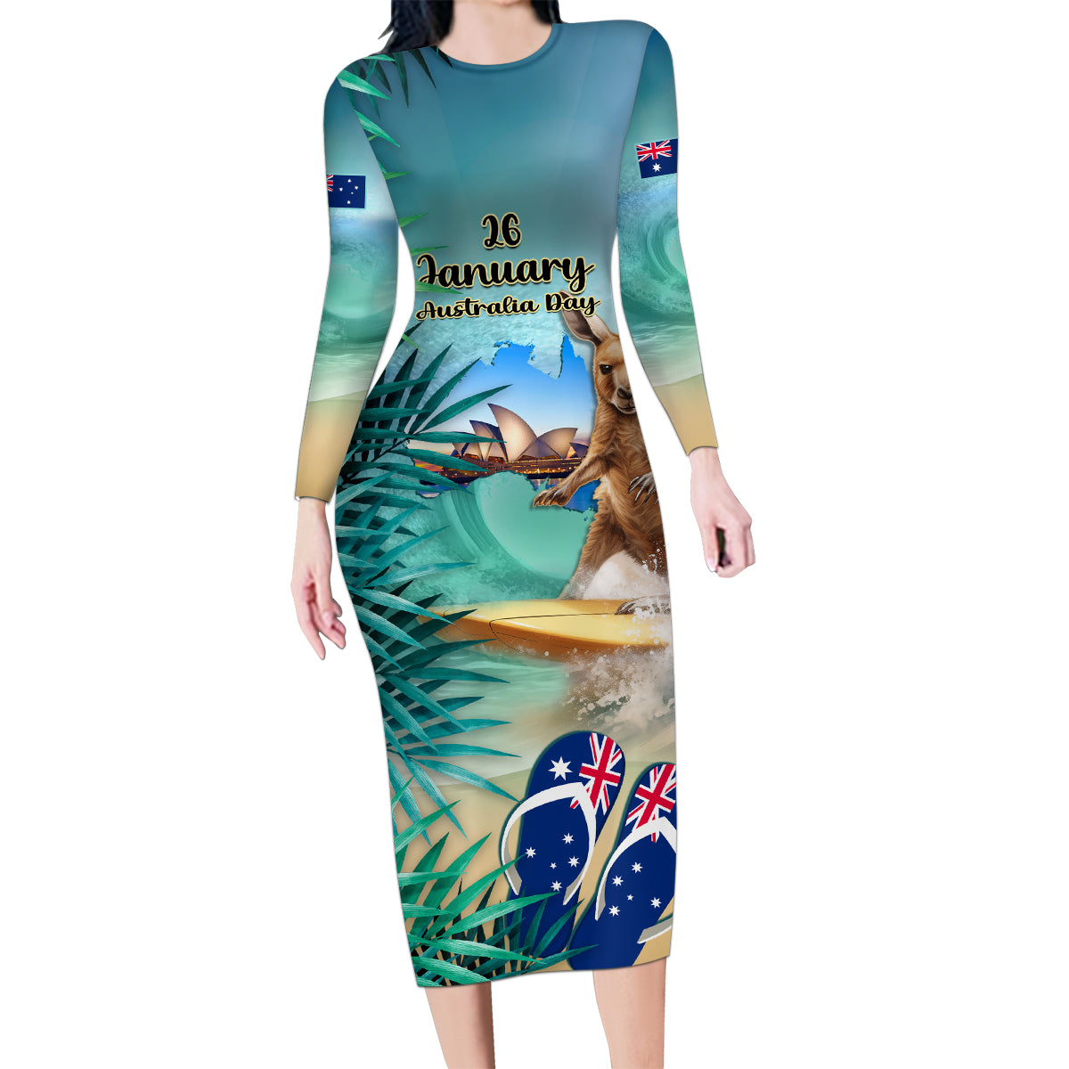 Australia Day 2024 Family Matching Long Sleeve Bodycon Dress and Hawaiian Shirt Kangaroo Go Surfing Aussie Map Tropical Style