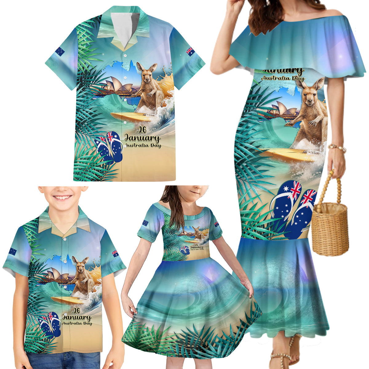 Australia Day 2024 Family Matching Mermaid Dress and Hawaiian Shirt Kangaroo Go Surfing Aussie Map Tropical Style