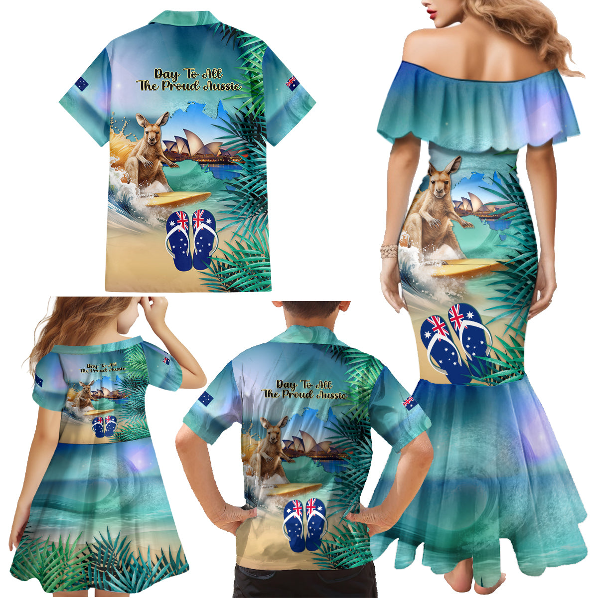 Australia Day 2024 Family Matching Mermaid Dress and Hawaiian Shirt Kangaroo Go Surfing Aussie Map Tropical Style