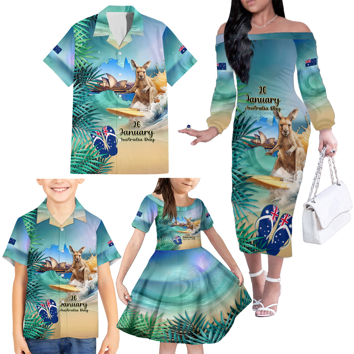 Australia Day 2024 Family Matching Off Shoulder Long Sleeve Dress and Hawaiian Shirt Kangaroo Go Surfing Aussie Map Tropical Style