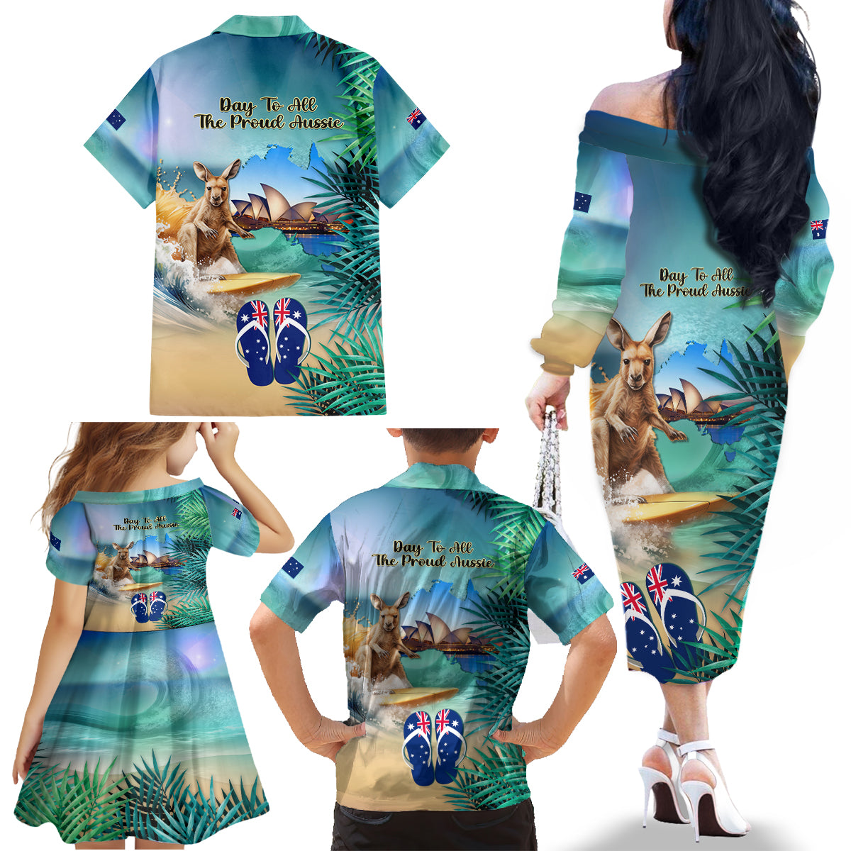 Australia Day 2024 Family Matching Off Shoulder Long Sleeve Dress and Hawaiian Shirt Kangaroo Go Surfing Aussie Map Tropical Style