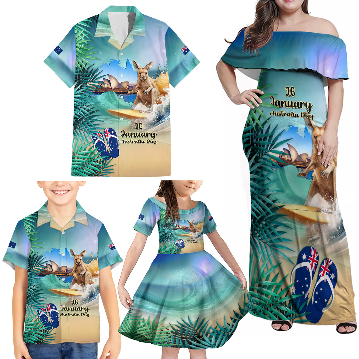 Australia Day 2024 Family Matching Off Shoulder Maxi Dress and Hawaiian Shirt Kangaroo Go Surfing Aussie Map Tropical Style