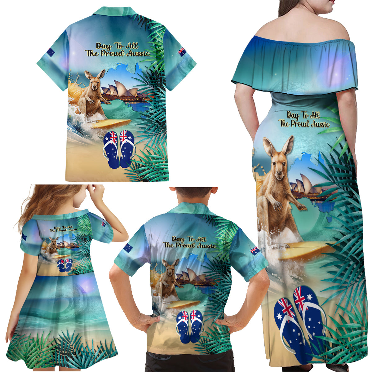 Australia Day 2024 Family Matching Off Shoulder Maxi Dress and Hawaiian Shirt Kangaroo Go Surfing Aussie Map Tropical Style