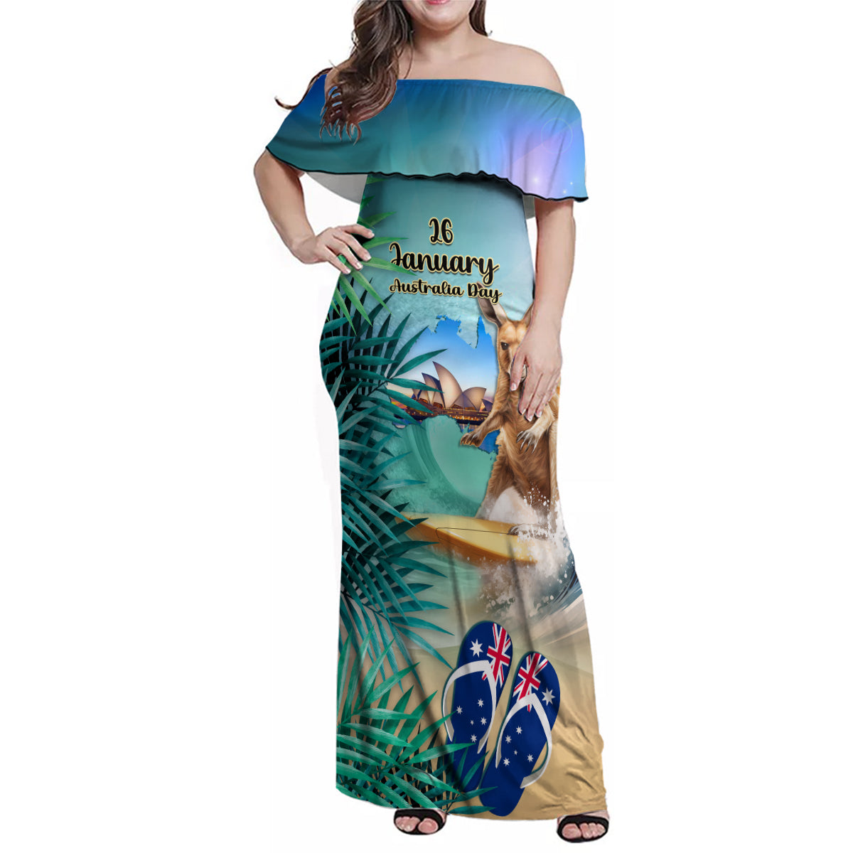 Australia Day 2024 Family Matching Off Shoulder Maxi Dress and Hawaiian Shirt Kangaroo Go Surfing Aussie Map Tropical Style