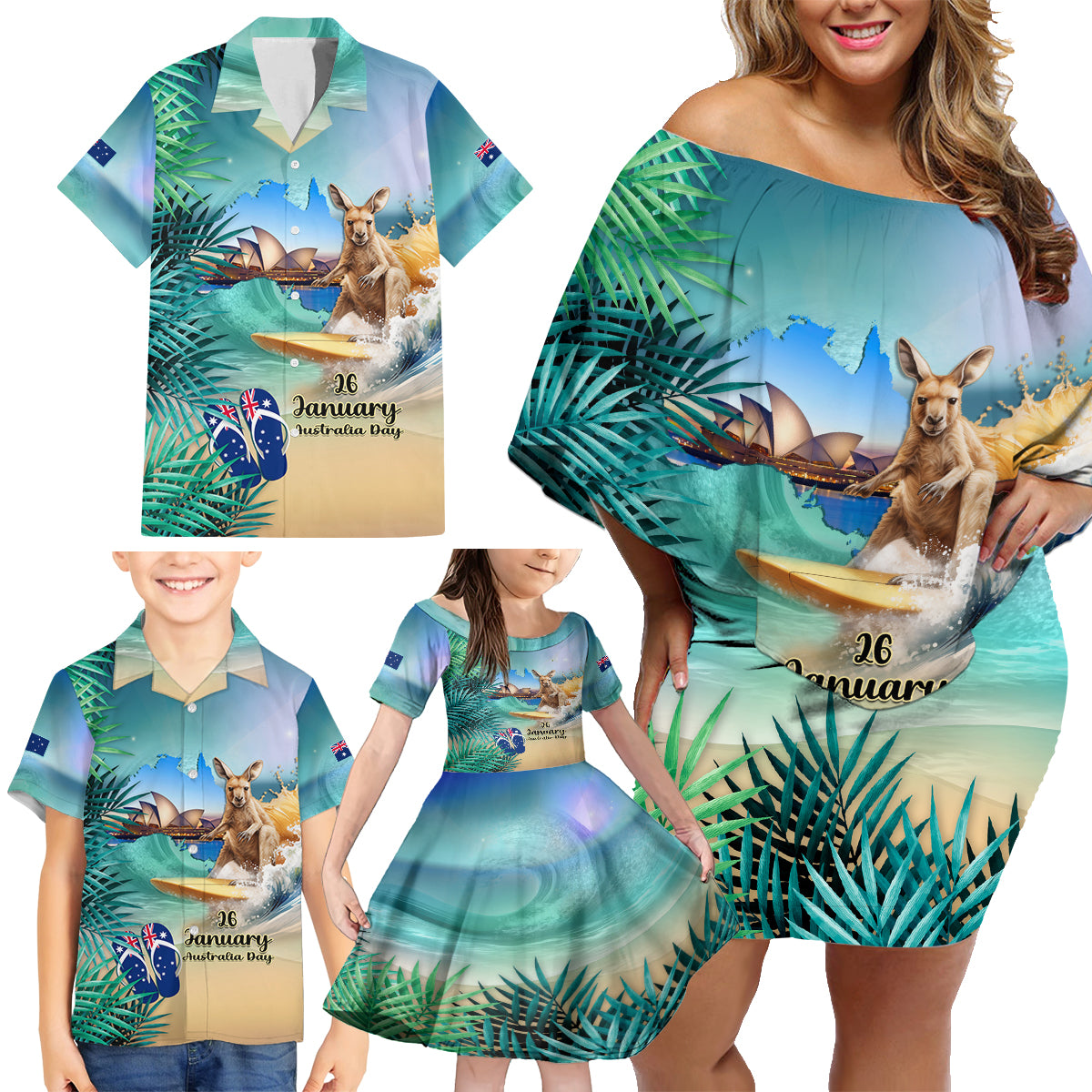 Australia Day 2024 Family Matching Off Shoulder Short Dress and Hawaiian Shirt Kangaroo Go Surfing Aussie Map Tropical Style