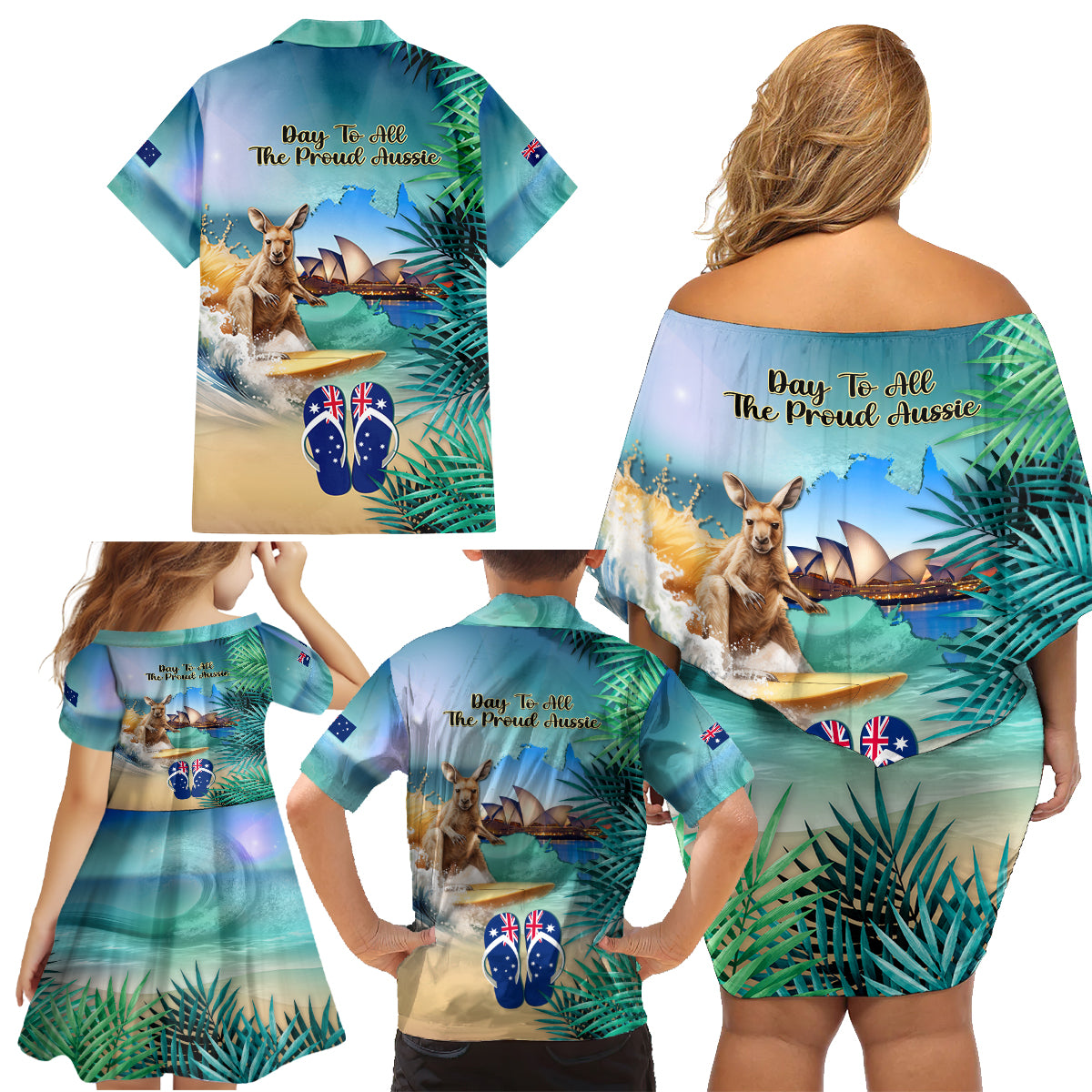 Australia Day 2024 Family Matching Off Shoulder Short Dress and Hawaiian Shirt Kangaroo Go Surfing Aussie Map Tropical Style