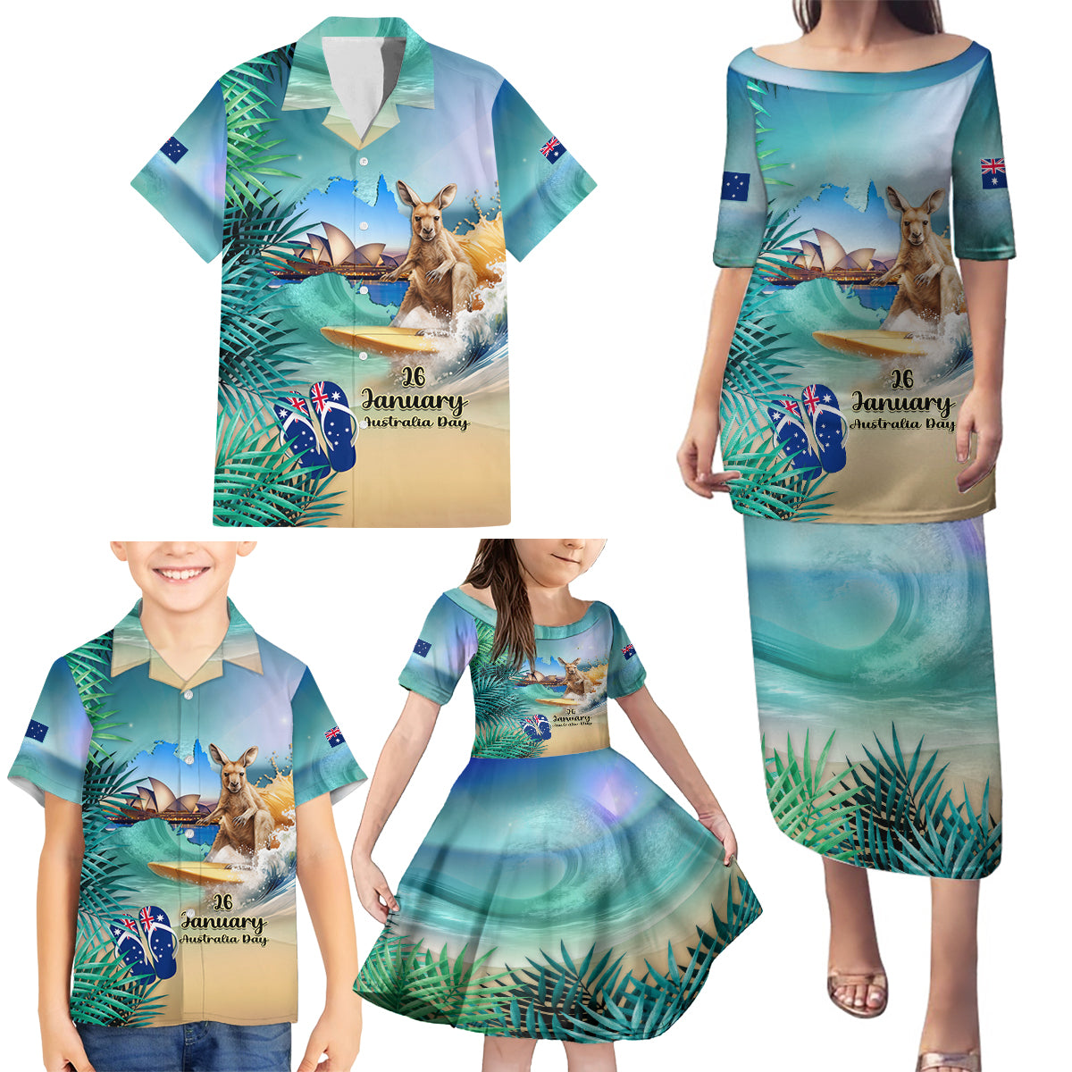 Australia Day 2024 Family Matching Puletasi and Hawaiian Shirt Kangaroo Go Surfing Aussie Map Tropical Style