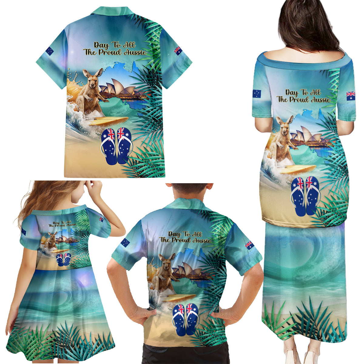 Australia Day 2024 Family Matching Puletasi and Hawaiian Shirt Kangaroo Go Surfing Aussie Map Tropical Style