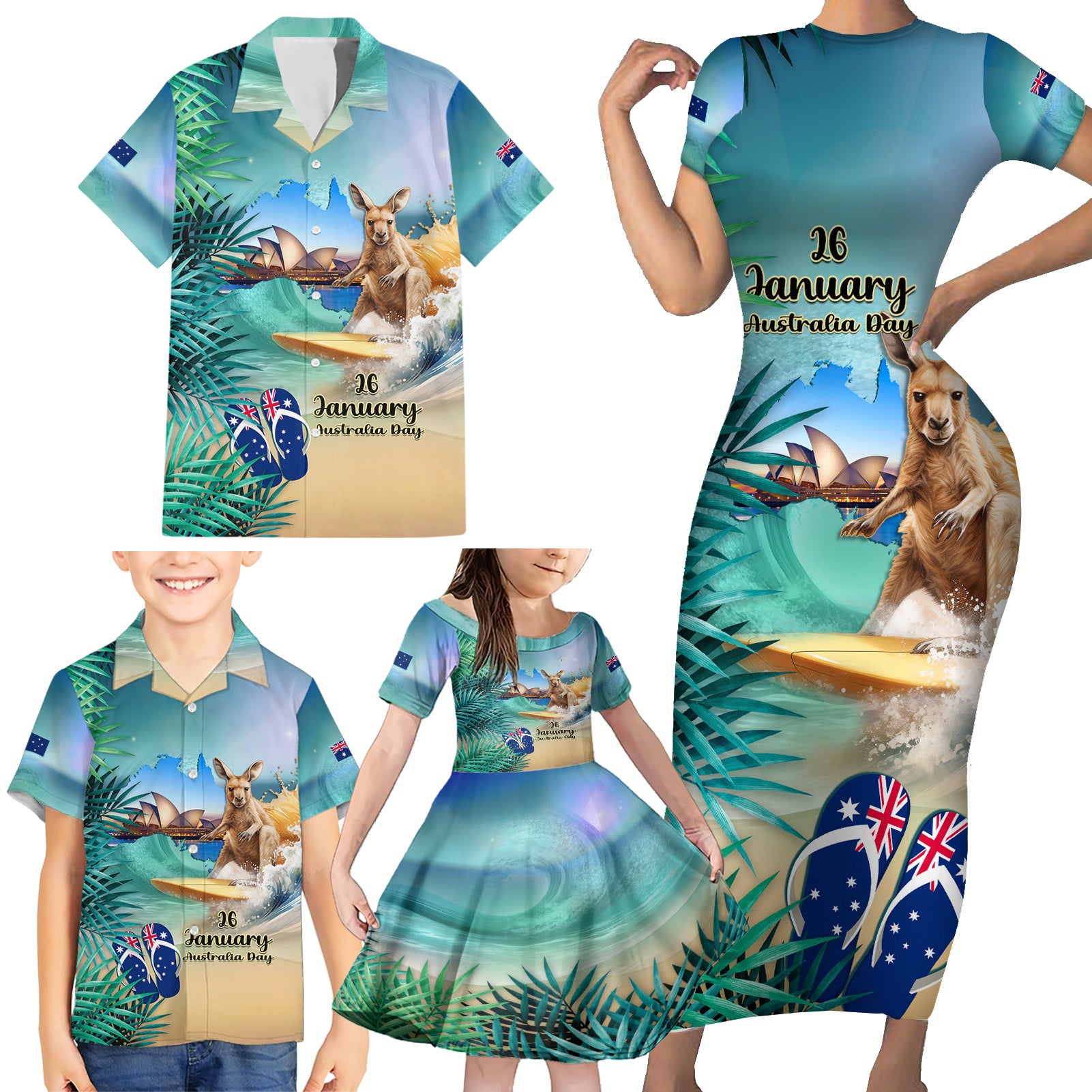 Australia Day 2024 Family Matching Short Sleeve Bodycon Dress and Hawaiian Shirt Kangaroo Go Surfing Aussie Map Tropical Style