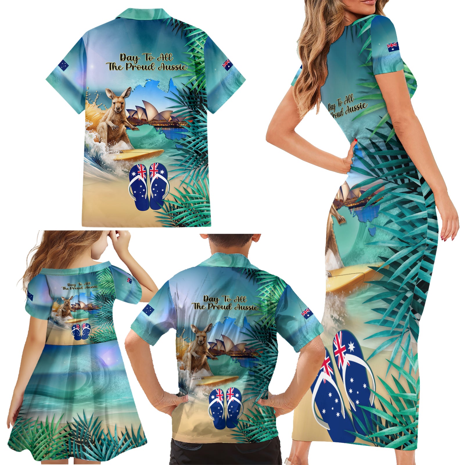 Australia Day 2024 Family Matching Short Sleeve Bodycon Dress and Hawaiian Shirt Kangaroo Go Surfing Aussie Map Tropical Style