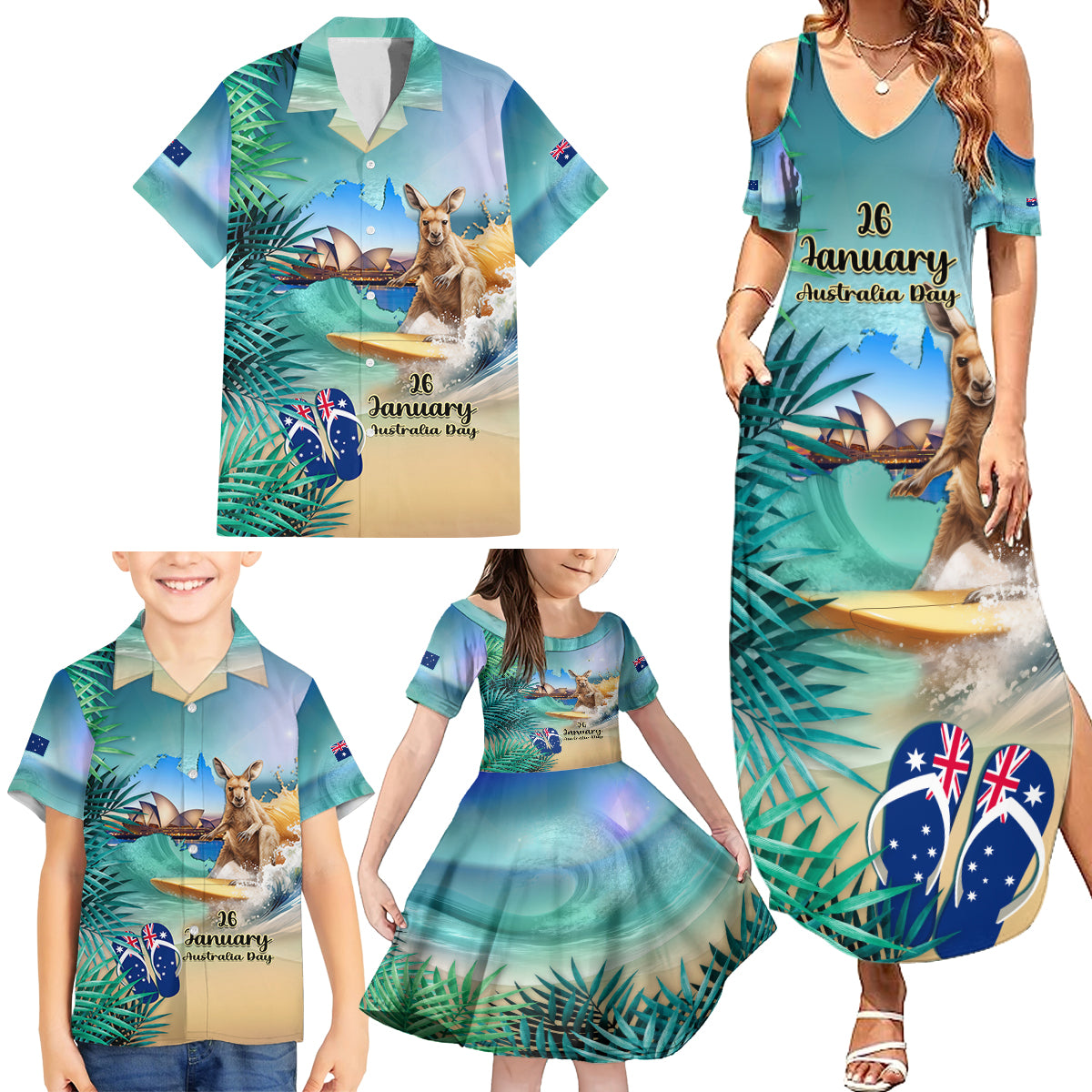 Australia Day 2024 Family Matching Summer Maxi Dress and Hawaiian Shirt Kangaroo Go Surfing Aussie Map Tropical Style