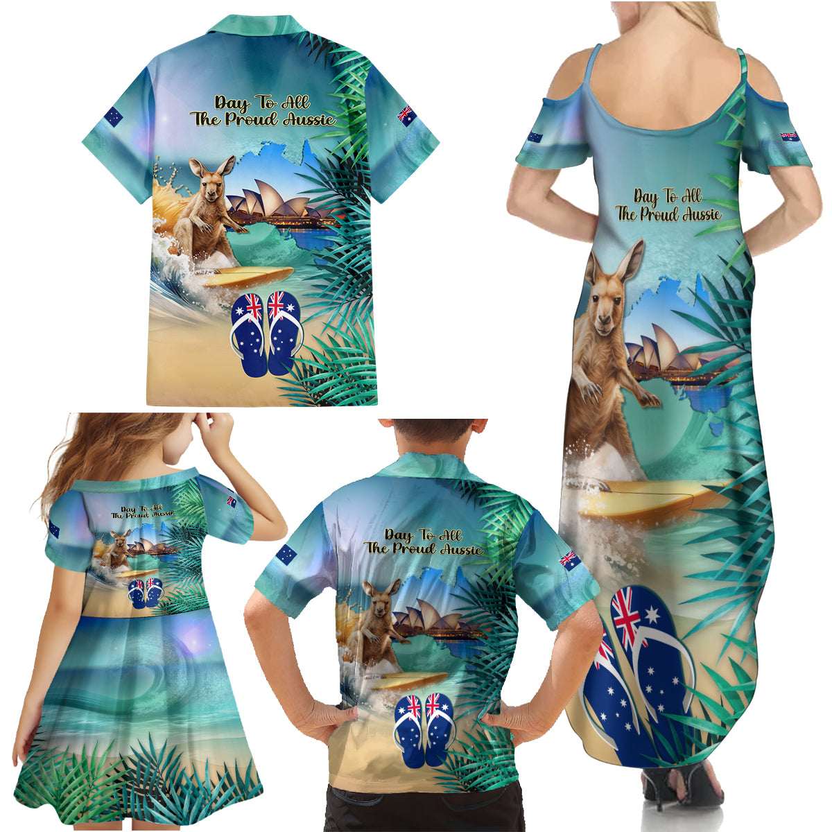 Australia Day 2024 Family Matching Summer Maxi Dress and Hawaiian Shirt Kangaroo Go Surfing Aussie Map Tropical Style