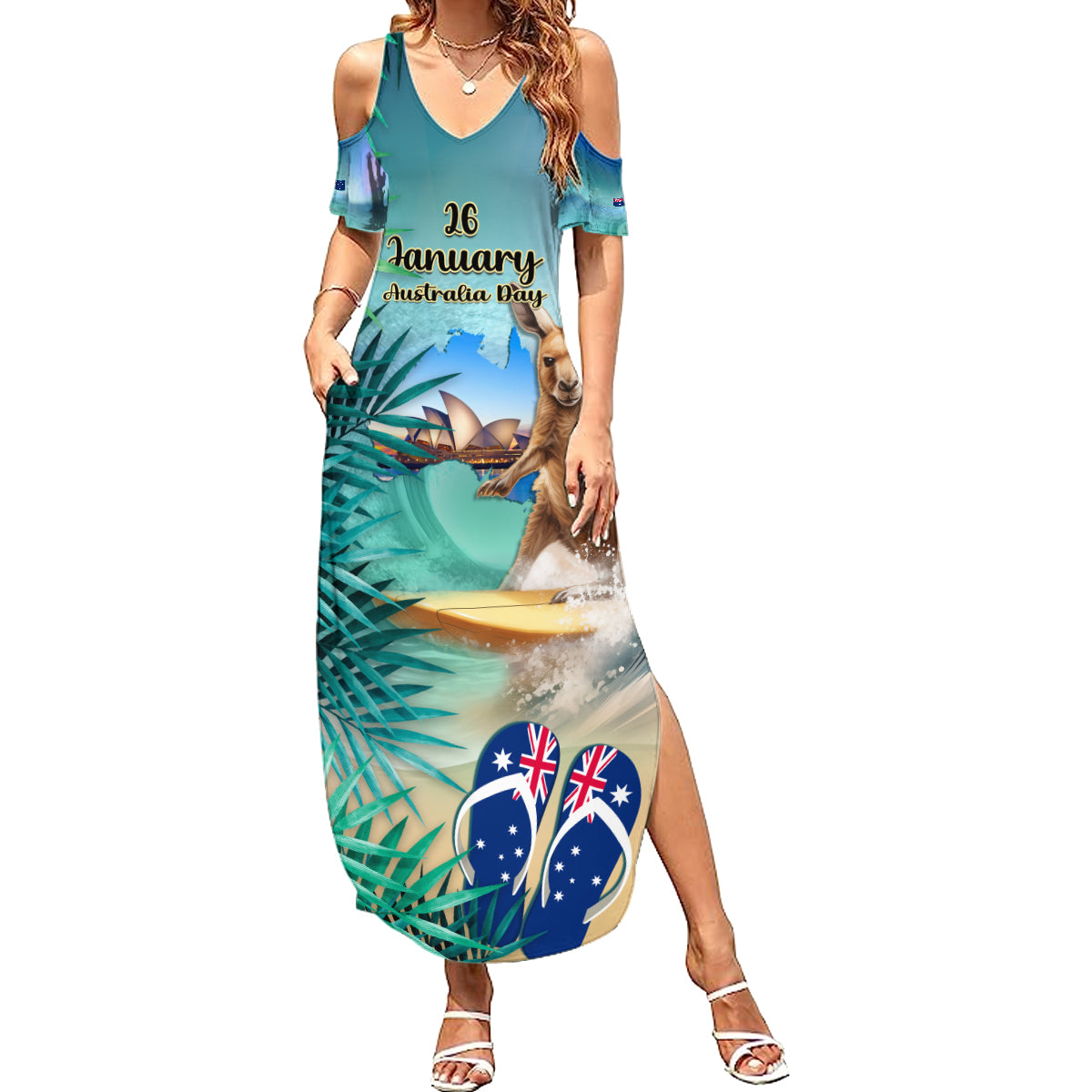 Australia Day 2024 Family Matching Summer Maxi Dress and Hawaiian Shirt Kangaroo Go Surfing Aussie Map Tropical Style