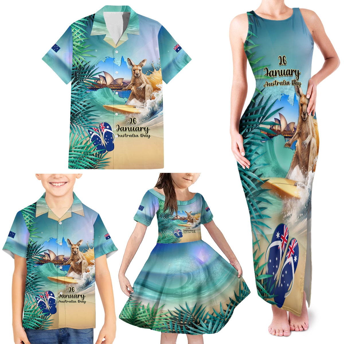 Australia Day 2024 Family Matching Tank Maxi Dress and Hawaiian Shirt Kangaroo Go Surfing Aussie Map Tropical Style