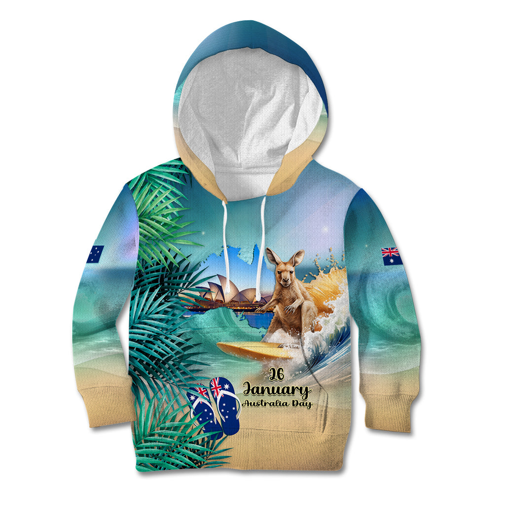 Australia Day 2024 Kid Hoodie Kangaroo Go Surfing Aussie Map Tropical Style - Vibe Hoodie Shop