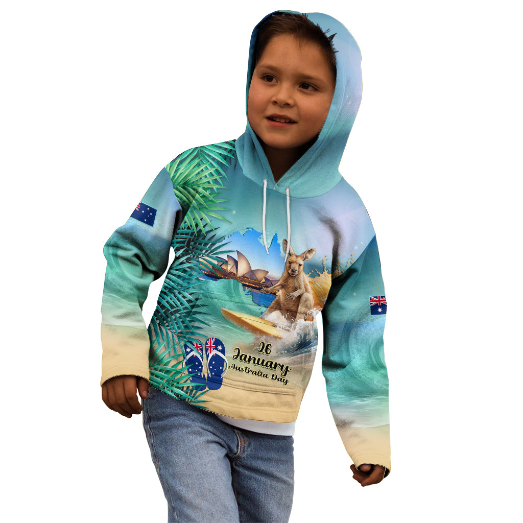 Australia Day 2024 Kid Hoodie Kangaroo Go Surfing Aussie Map Tropical Style - Vibe Hoodie Shop