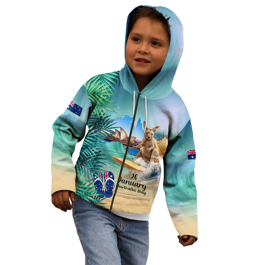 Australia Day 2024 Kid Hoodie Kangaroo Go Surfing Aussie Map Tropical Style - Vibe Hoodie Shop