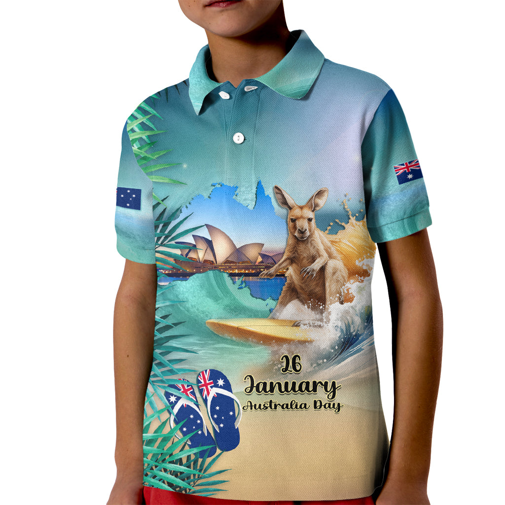 Australia Day 2024 Kid Polo Shirt Kangaroo Go Surfing Aussie Map Tropical Style - Vibe Hoodie Shop