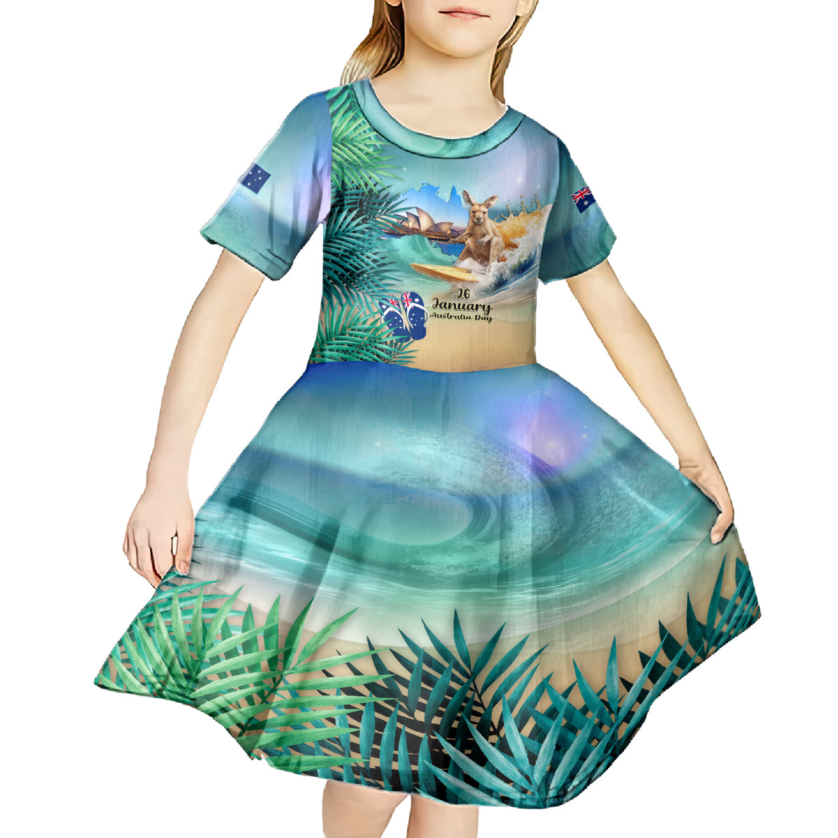 Australia Day 2024 Kid Short Sleeve Dress Kangaroo Go Surfing Aussie Map Tropical Style - Vibe Hoodie Shop