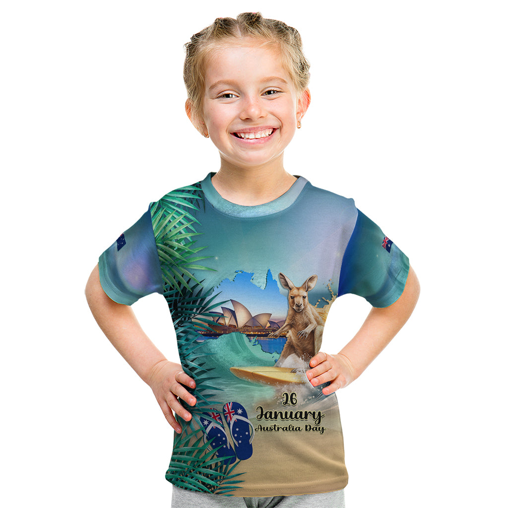 Australia Day 2024 Kid T Shirt Kangaroo Go Surfing Aussie Map Tropical Style - Vibe Hoodie Shop