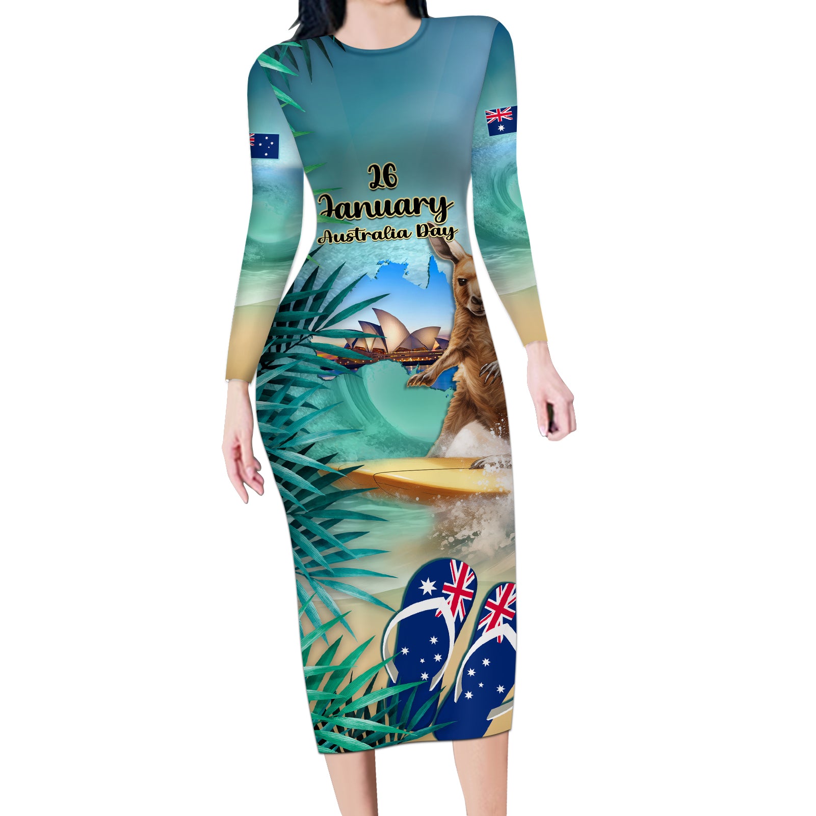 Australia Day 2024 Long Sleeve Bodycon Dress Kangaroo Go Surfing Aussie Map Tropical Style