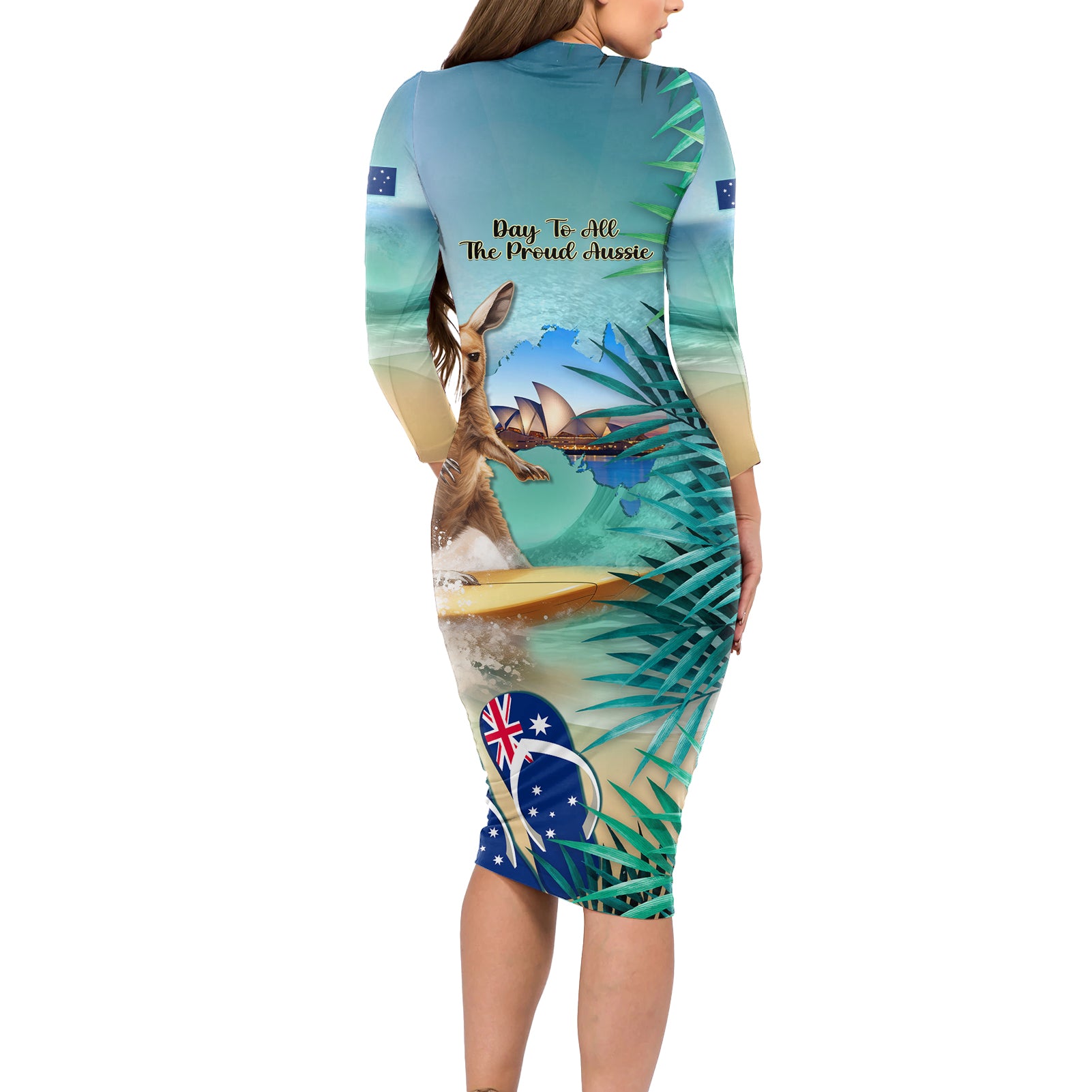 Australia Day 2024 Long Sleeve Bodycon Dress Kangaroo Go Surfing Aussie Map Tropical Style