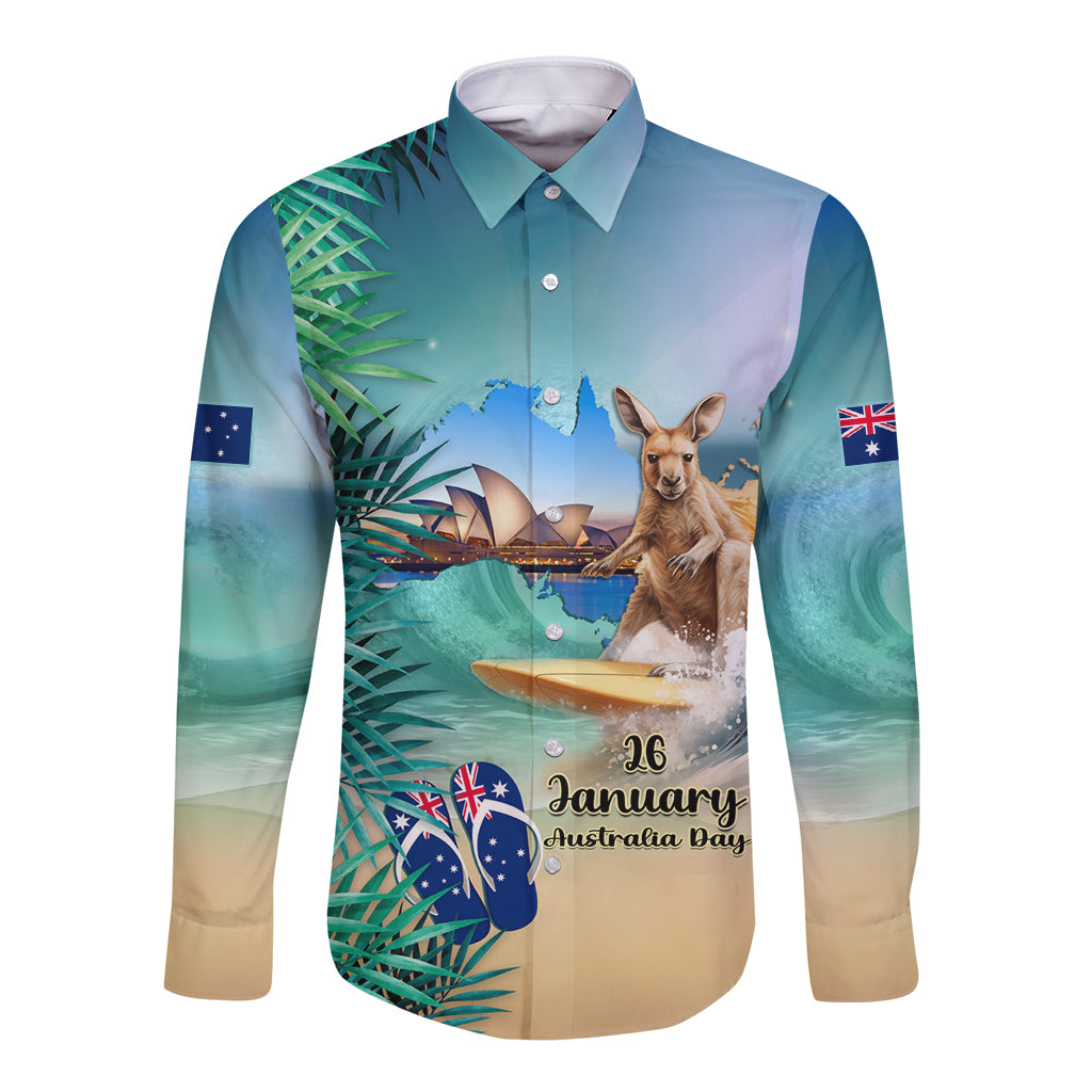 Australia Day 2024 Long Sleeve Button Shirt Kangaroo Go Surfing Aussie Map Tropical Style - Vibe Hoodie Shop