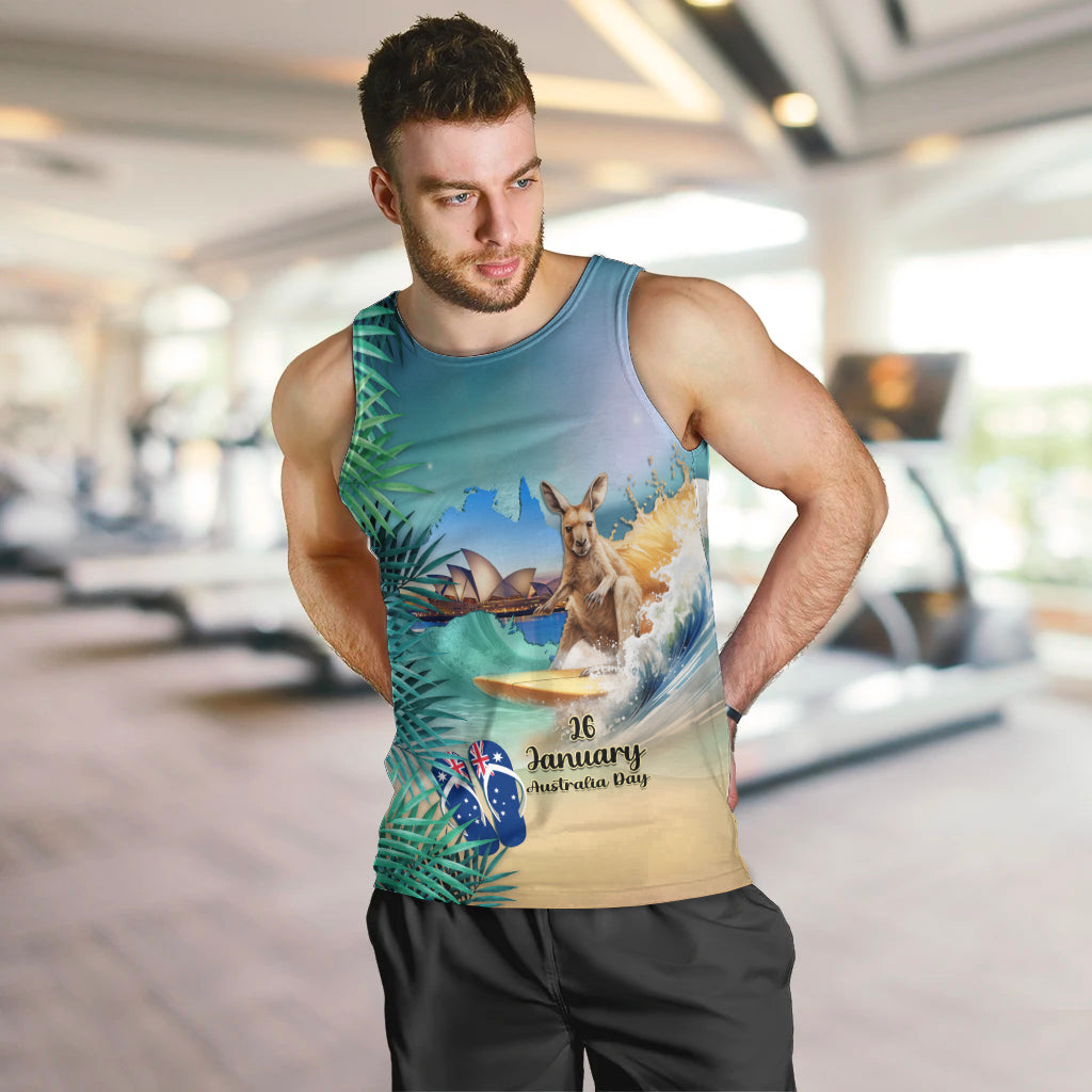 Australia Day 2024 Men Tank Top Kangaroo Go Surfing Aussie Map Tropical Style - Vibe Hoodie Shop