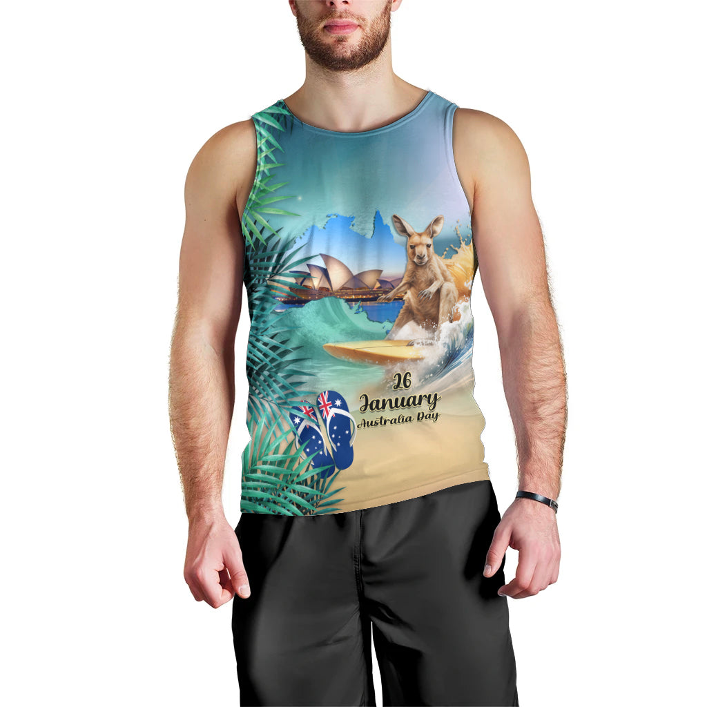 Australia Day 2024 Men Tank Top Kangaroo Go Surfing Aussie Map Tropical Style - Vibe Hoodie Shop