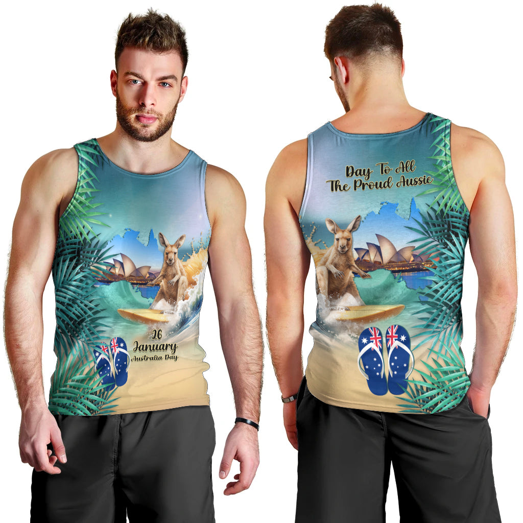 Australia Day 2024 Men Tank Top Kangaroo Go Surfing Aussie Map Tropical Style - Vibe Hoodie Shop