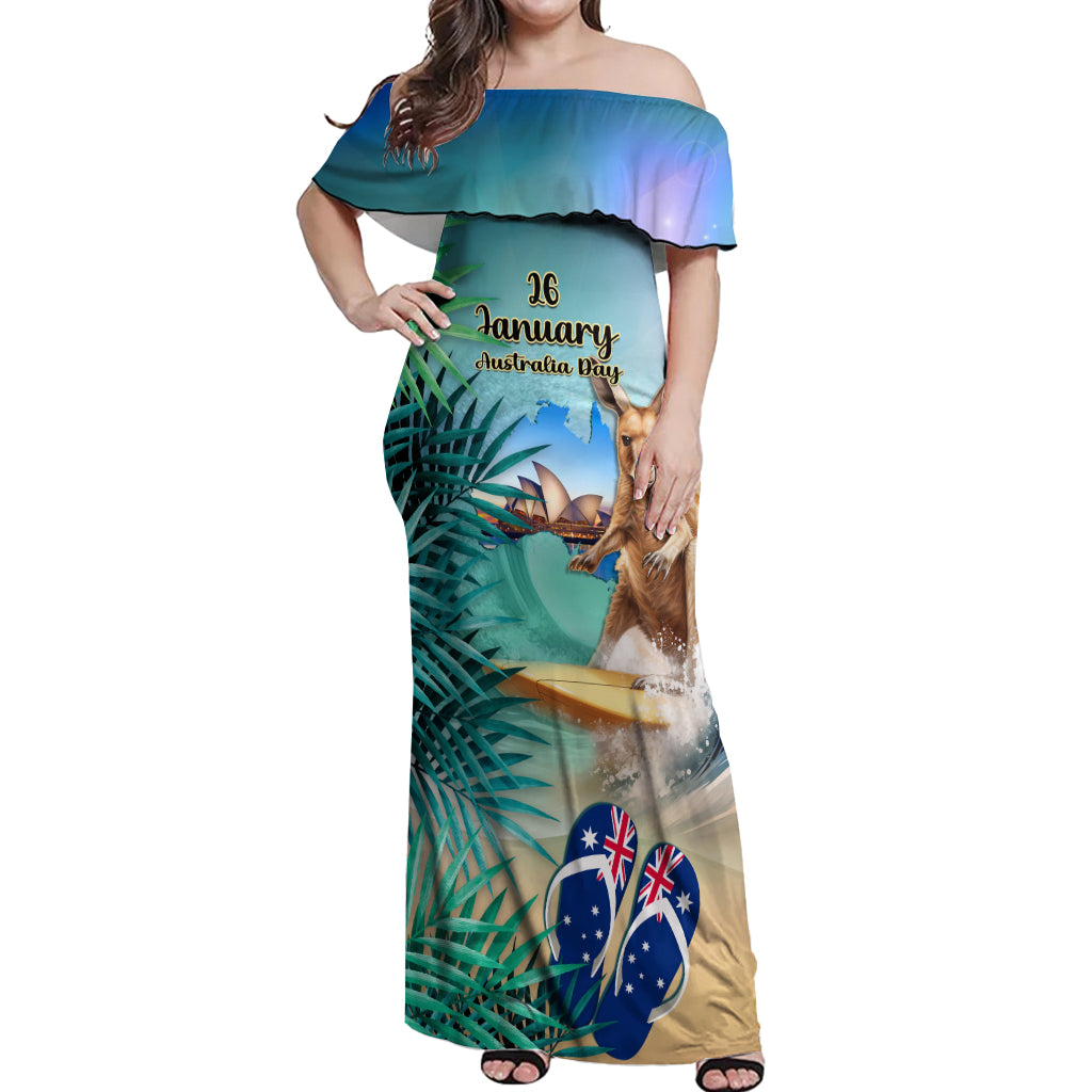 Australia Day 2024 Off Shoulder Maxi Dress Kangaroo Go Surfing Aussie Map Tropical Style