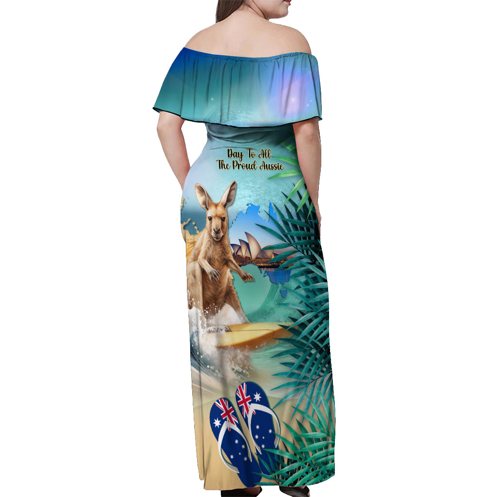 Australia Day 2024 Off Shoulder Maxi Dress Kangaroo Go Surfing Aussie Map Tropical Style