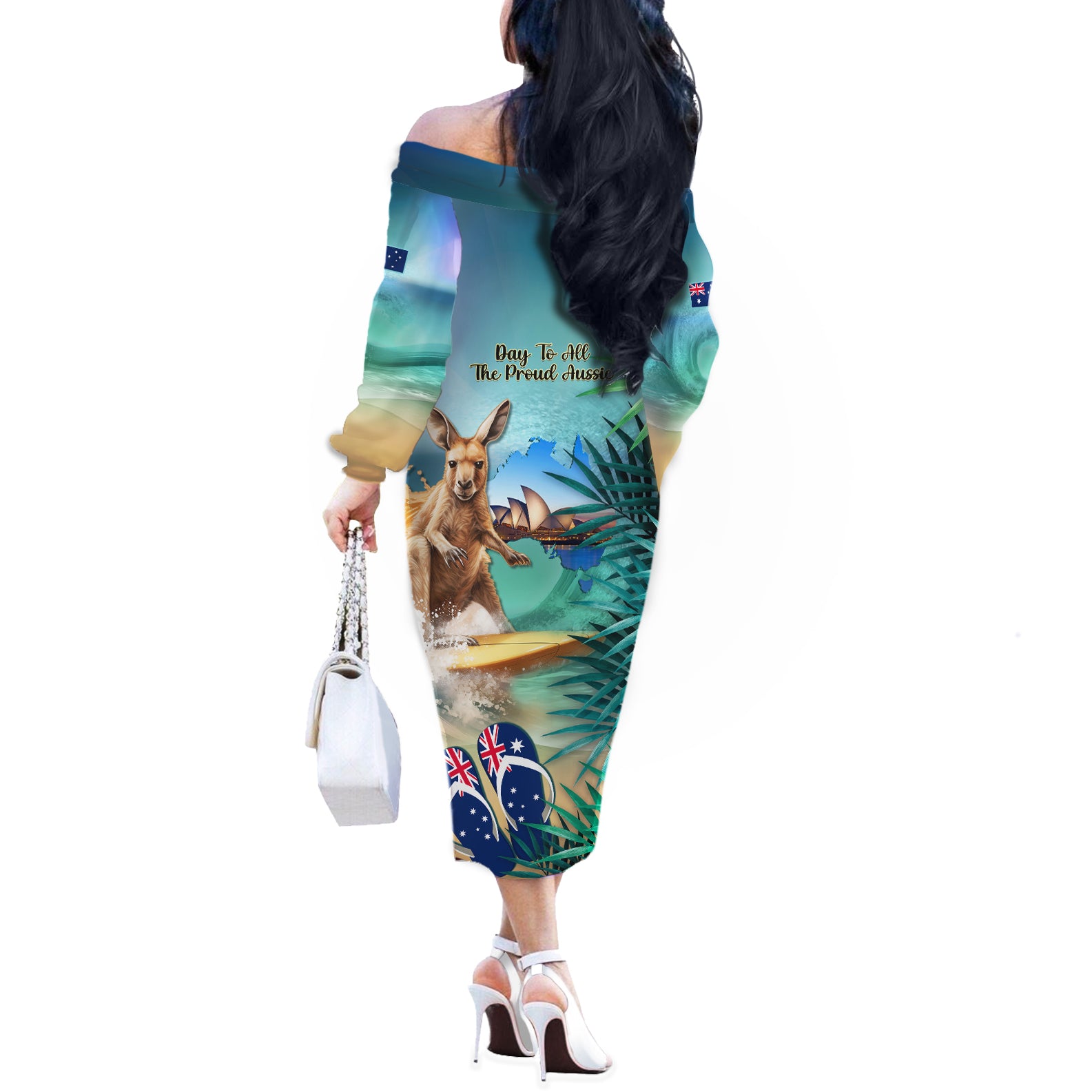 Australia Day 2024 Off The Shoulder Long Sleeve Dress Kangaroo Go Surfing Aussie Map Tropical Style