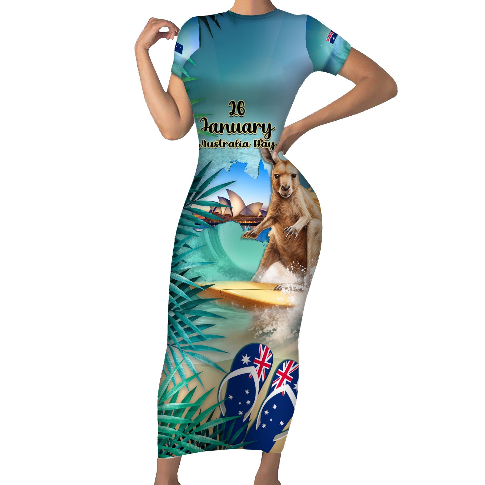 Australia Day 2024 Short Sleeve Bodycon Dress Kangaroo Go Surfing Aussie Map Tropical Style