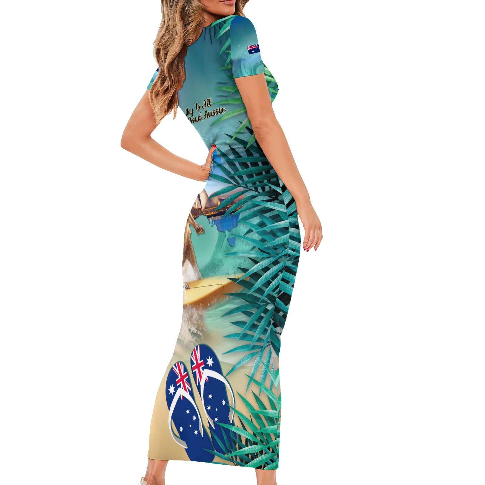 Australia Day 2024 Short Sleeve Bodycon Dress Kangaroo Go Surfing Aussie Map Tropical Style