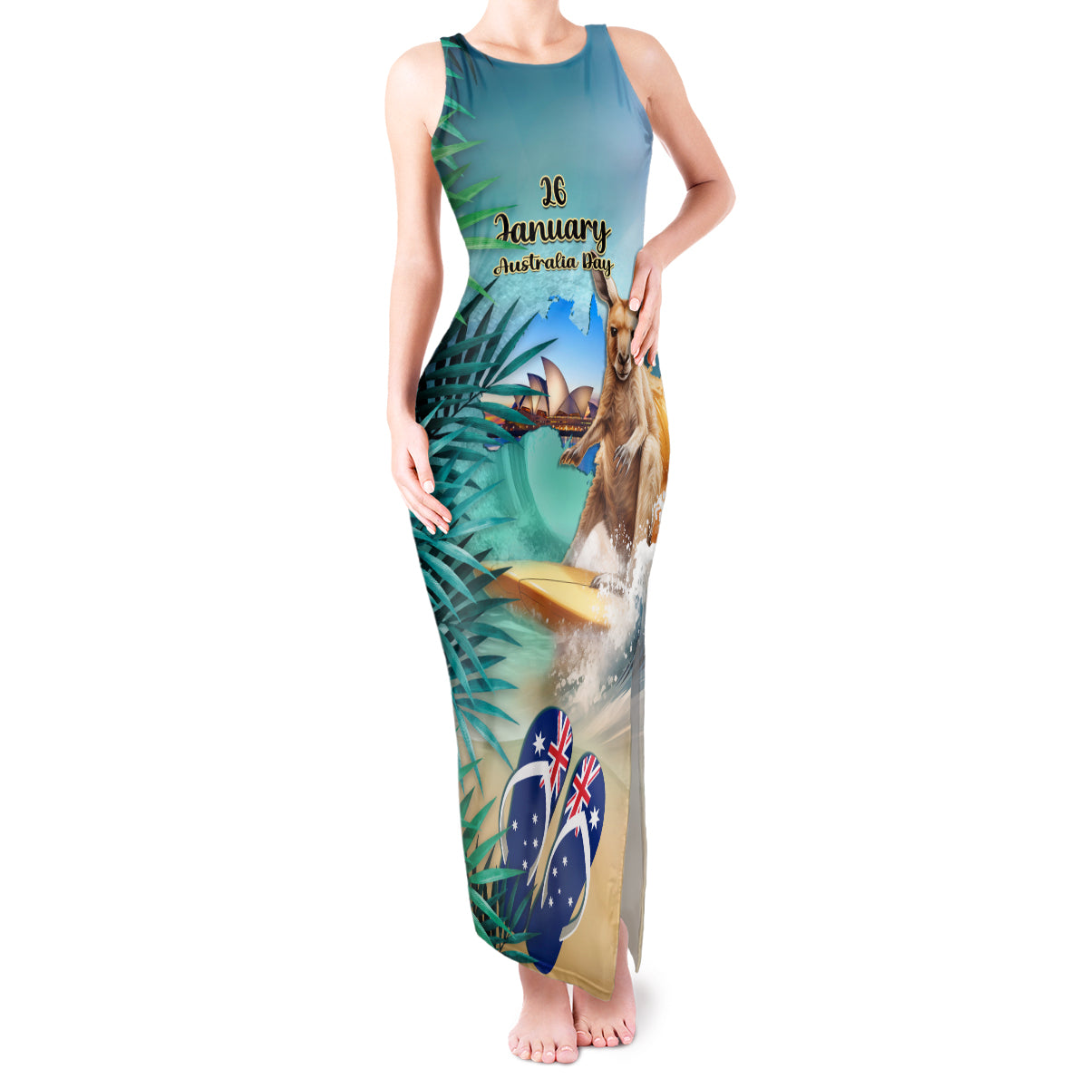 Australia Day 2024 Tank Maxi Dress Kangaroo Go Surfing Aussie Map Tropical Style