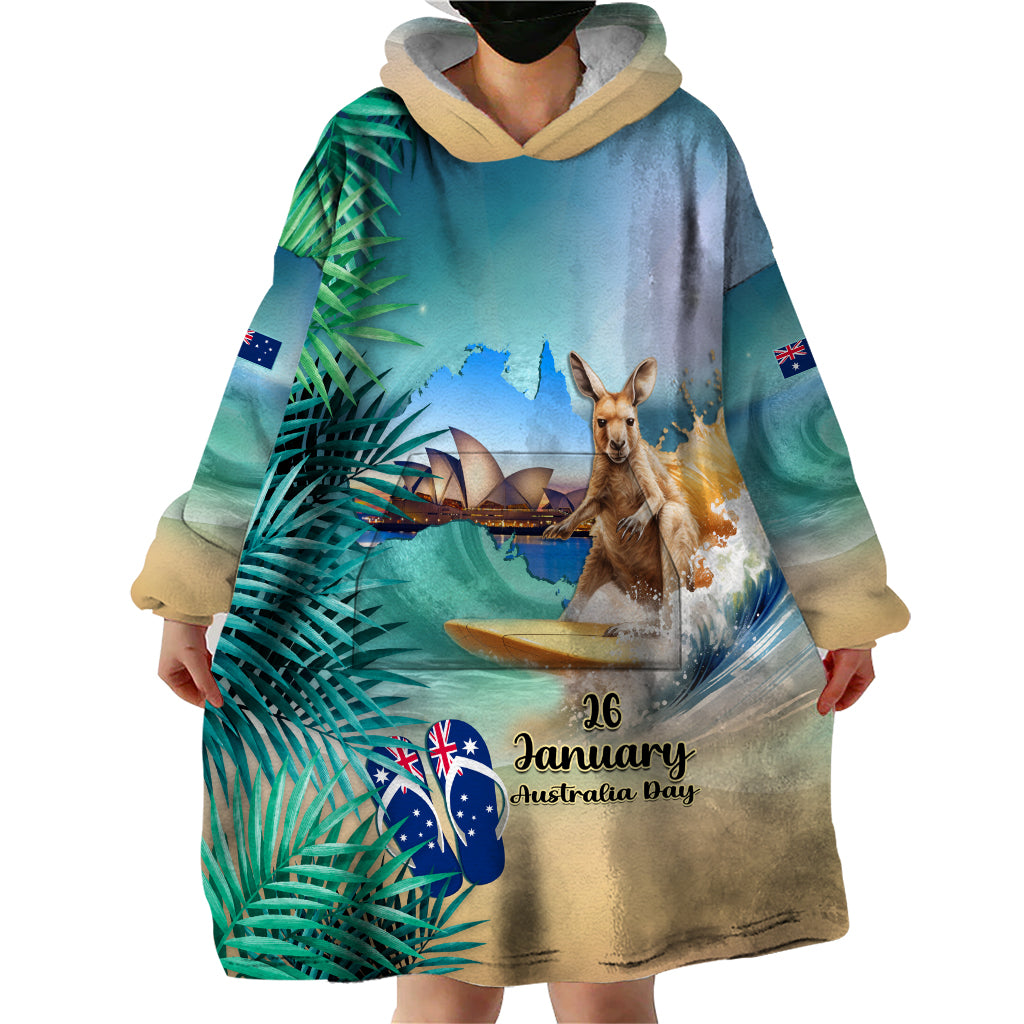 Australia Day 2024 Wearable Blanket Hoodie Kangaroo Go Surfing Aussie Map Tropical Style - Vibe Hoodie Shop