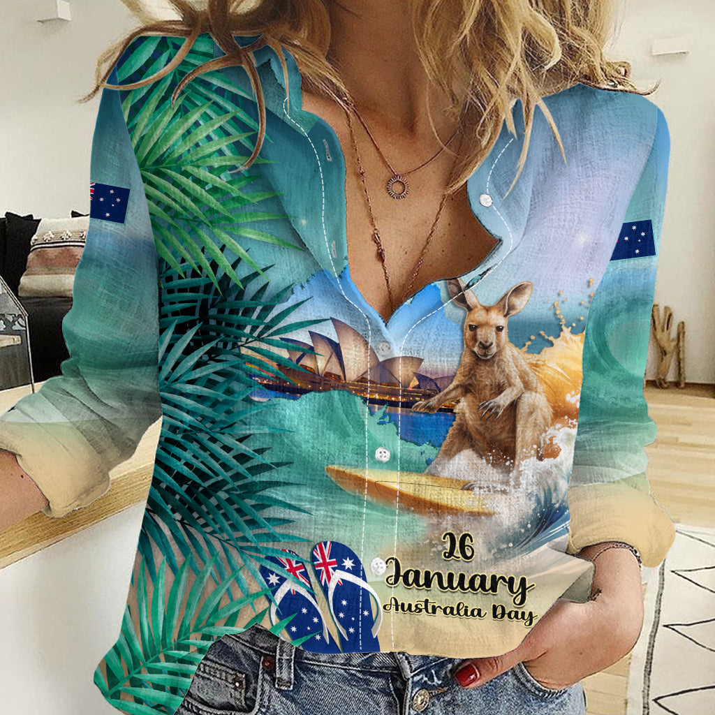 Australia Day 2024 Women Casual Shirt Kangaroo Go Surfing Aussie Map Tropical Style - Vibe Hoodie Shop