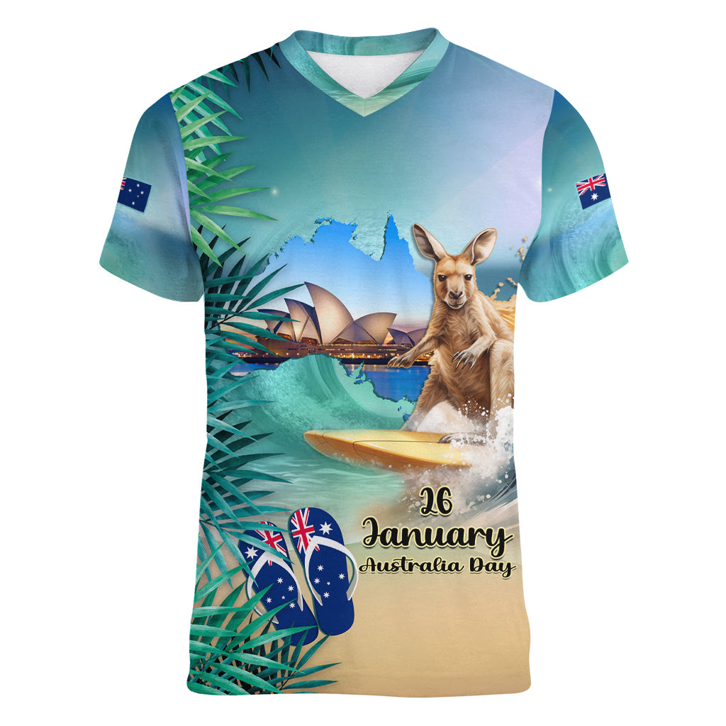 Australia Day 2024 Women V Neck T Shirt Kangaroo Go Surfing Aussie Map Tropical Style - Vibe Hoodie Shop