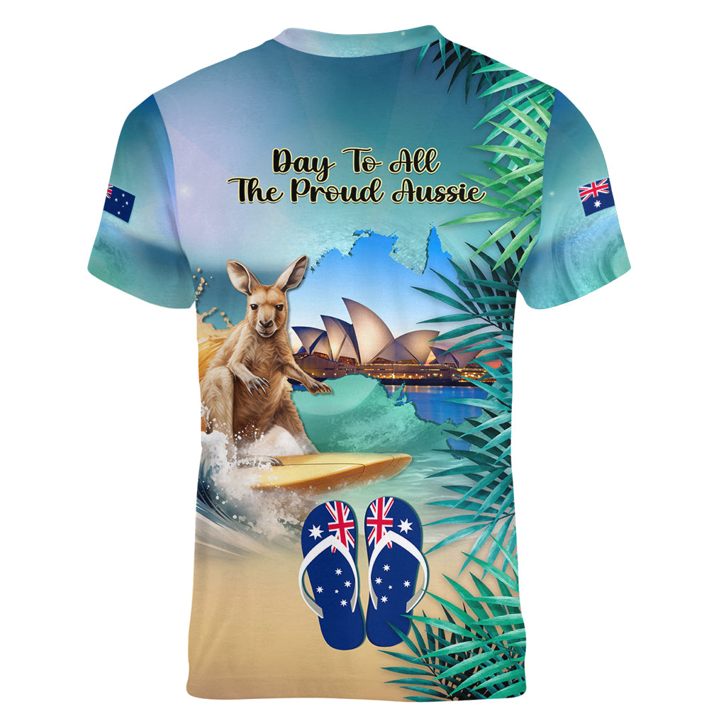 Australia Day 2024 Women V Neck T Shirt Kangaroo Go Surfing Aussie Map Tropical Style - Vibe Hoodie Shop