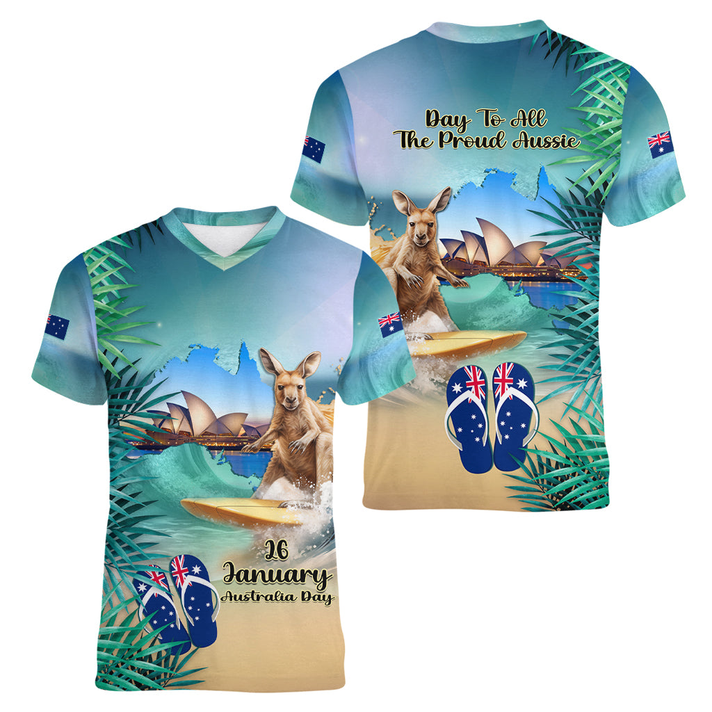 Australia Day 2024 Women V Neck T Shirt Kangaroo Go Surfing Aussie Map Tropical Style - Vibe Hoodie Shop