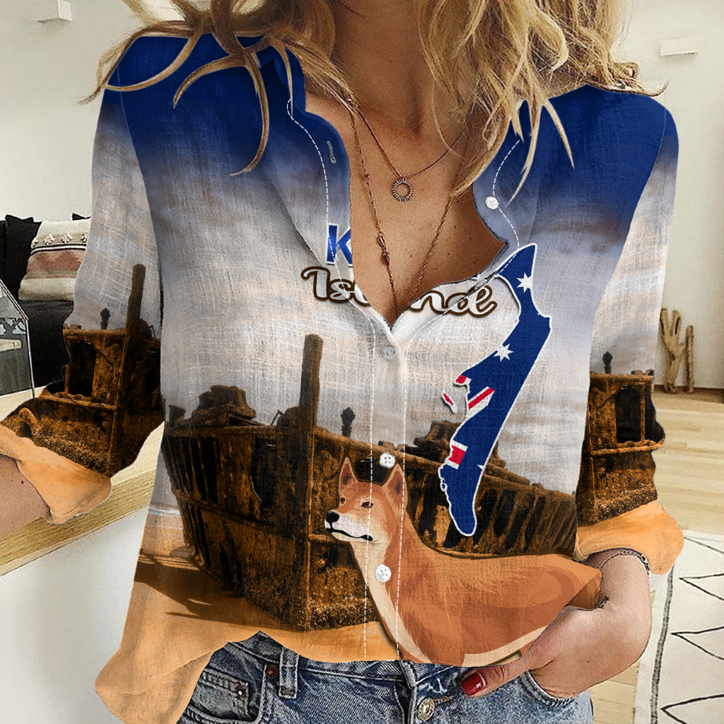 Australia Fraser Island Women Casual Shirt Dingo With Maheno Shipwreck K'gari Proud - Vibe Hoodie Shop