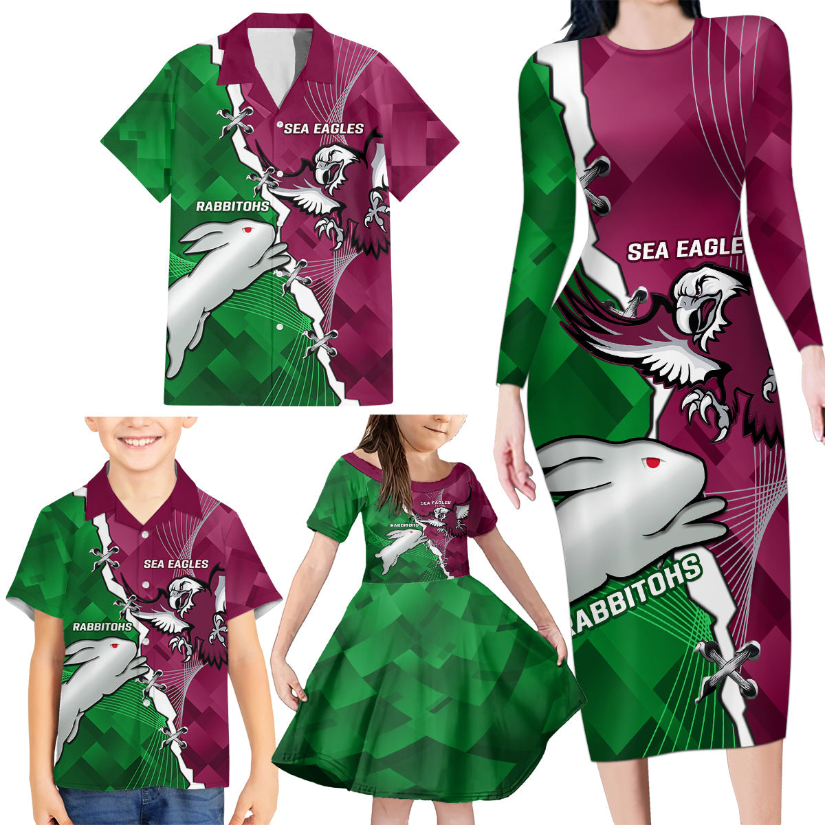 Personalised Rabbitohs And Eagles Rugby Family Matching Long Sleeve Bodycon Dress and Hawaiian Shirt NRL 2024 Dynamic Together