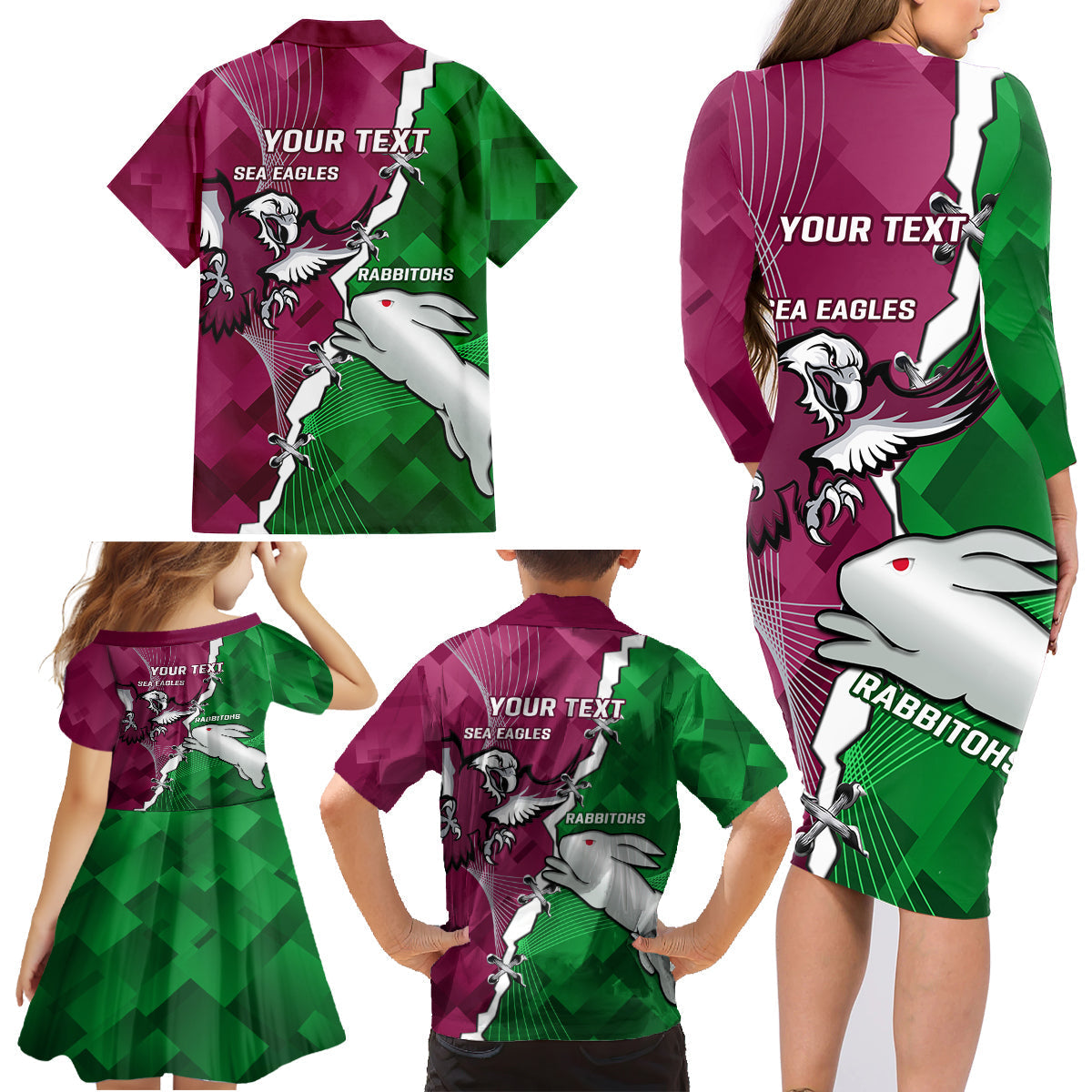 Personalised Rabbitohs And Eagles Rugby Family Matching Long Sleeve Bodycon Dress and Hawaiian Shirt NRL 2024 Dynamic Together