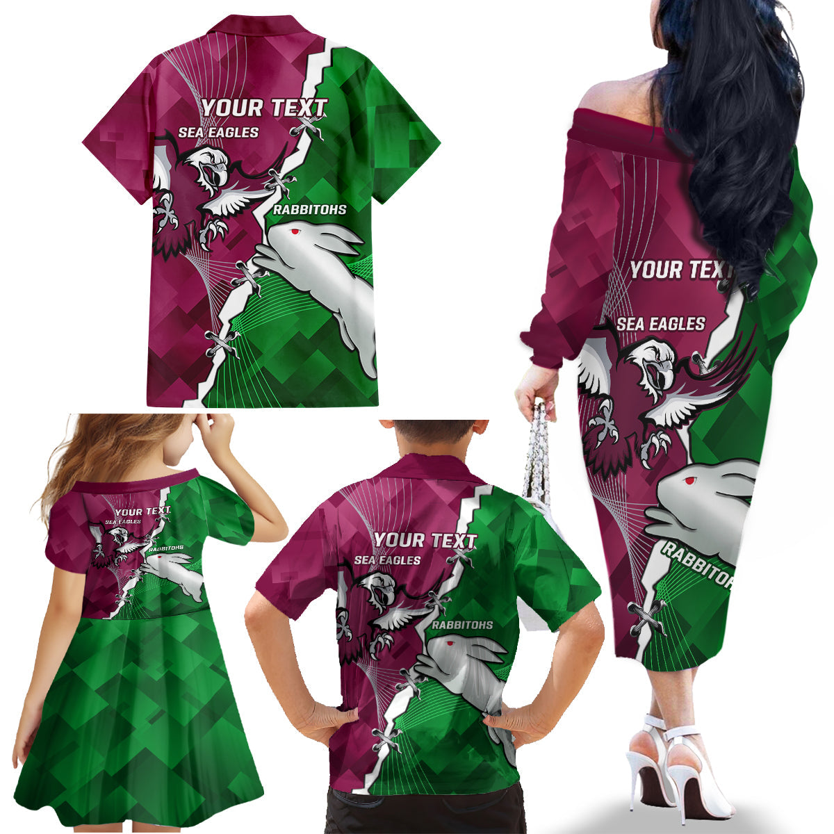 Personalised Rabbitohs And Eagles Rugby Family Matching Off Shoulder Long Sleeve Dress and Hawaiian Shirt NRL 2024 Dynamic Together
