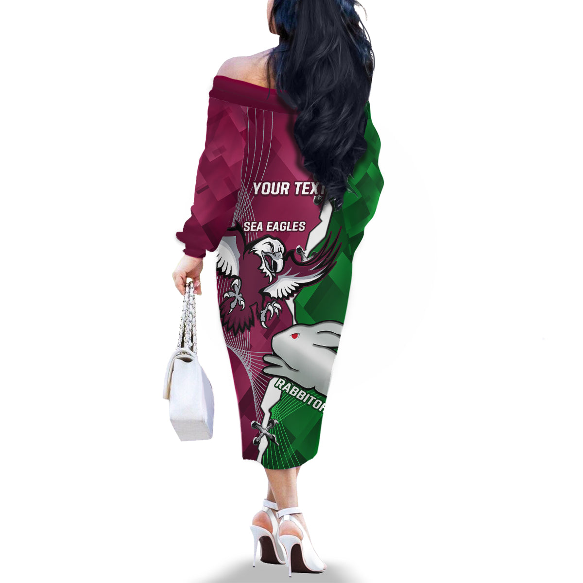 Personalised Rabbitohs And Eagles Rugby Family Matching Off Shoulder Long Sleeve Dress and Hawaiian Shirt NRL 2024 Dynamic Together