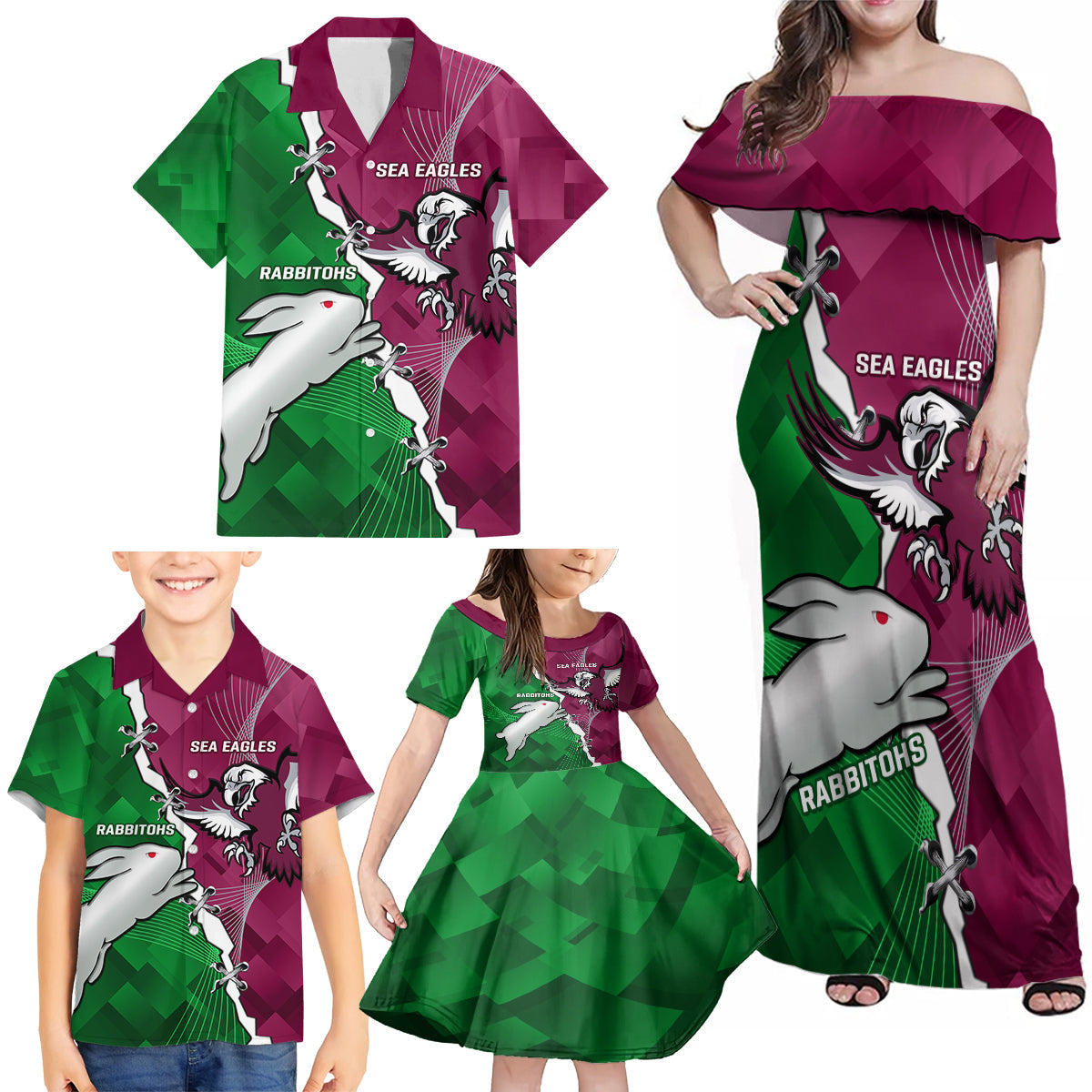 Personalised Rabbitohs And Eagles Rugby Family Matching Off Shoulder Maxi Dress and Hawaiian Shirt NRL 2024 Dynamic Together