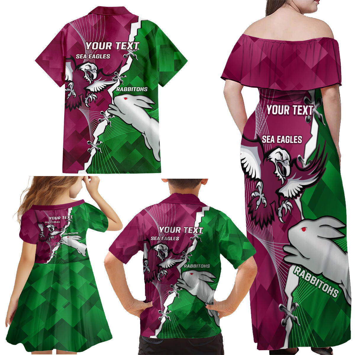 Personalised Rabbitohs And Eagles Rugby Family Matching Off Shoulder Maxi Dress and Hawaiian Shirt NRL 2024 Dynamic Together