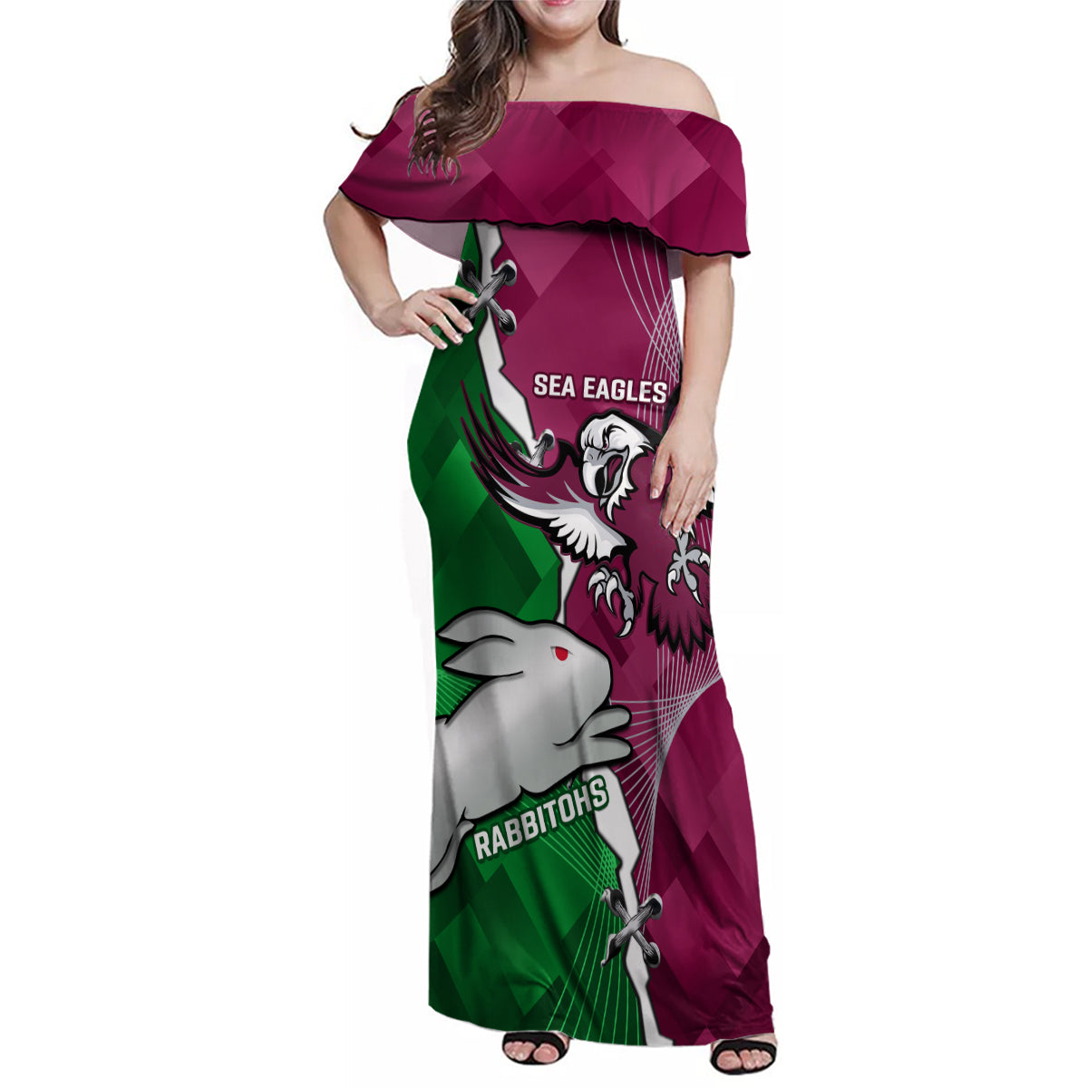 Personalised Rabbitohs And Eagles Rugby Family Matching Off Shoulder Maxi Dress and Hawaiian Shirt NRL 2024 Dynamic Together